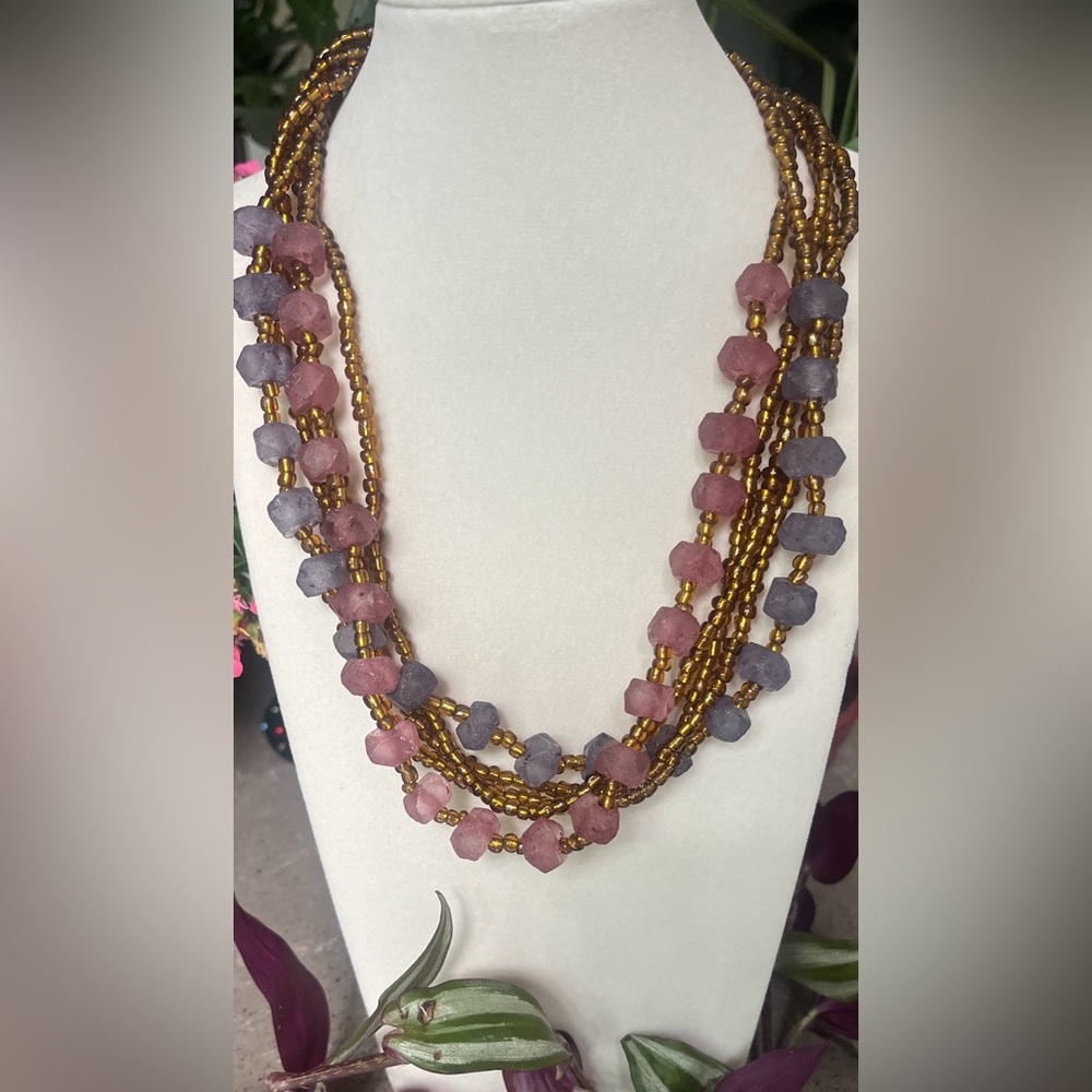 Multicolor Pink, Lavender & Gold Tone Glass Beaded Necklace